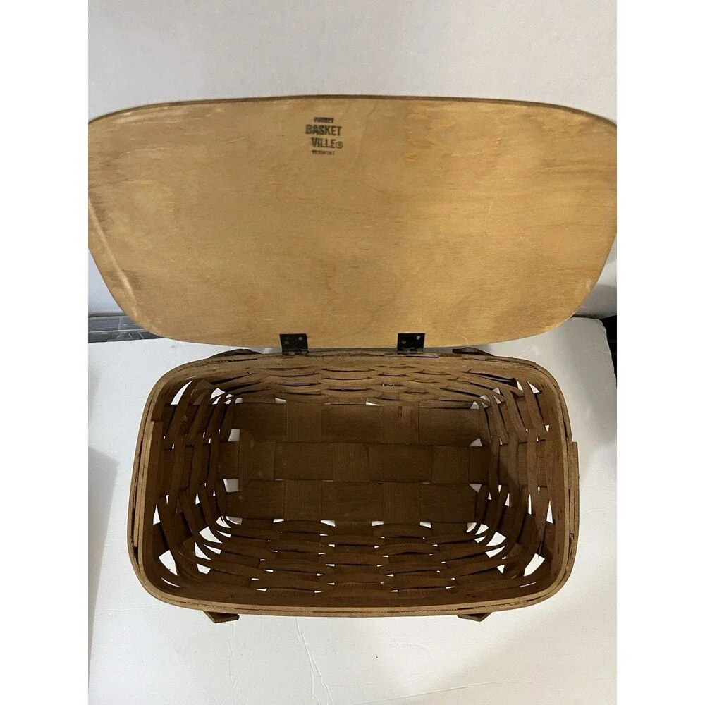 Vintage Basketville Putney Vermont Woven Wood Splint Picnic Basket With Lid